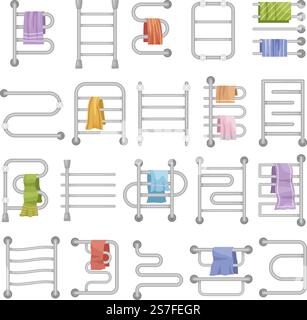 Towel heaters. Wall mount bathroom items steel tubes towel heaters set recent vector cartoon illustrations of rail heater for bathroom. Towel heaters. Wall mount bathroom items steel tubes towel heaters set recent vector cartoon illustrations Stock Vector