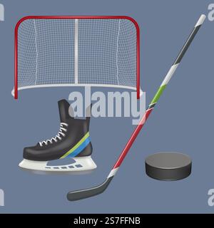 Hockey. Realistic sport items for hockey pucks gloves helmet and stick decent vector illustration of sport hockey game equipment. Hockey. Realistic sport items for hockey pucks gloves helmet and stick decent vector illustration Stock Vector