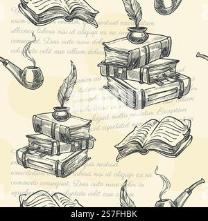 Vintage books with bookmarks and locks, feather pencils and smoking pipes. Reading literature hobby. Monochrome sketch outline, seamless pattern background, print or wallpaper. Vector in flat style. Old books and smoking pipe, seamless pattern print Stock Vector