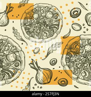 Pizzeria tasty dishes and recipes, pizza with vegetables and meat. Salami and mushrooms, onions and tomatoes, olives and herbs. Seamless pattern print or background wallpaper. Vector in flat style. Pizza with mushrooms and salami, pizzeria vector Stock Vector