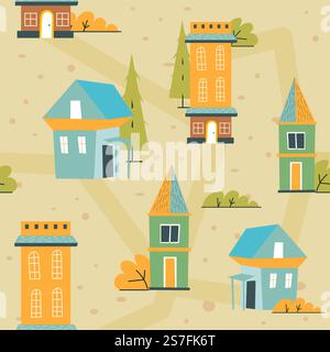 Countryside houses and buildings, rustic lifestyle and wooden homes exterior and facade. Village or small town architecture. Background or wallpaper print, seamless pattern. Vector in flat style. Rustic houses and buildings, exterior pattern Stock Vector
