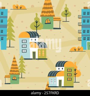 Houses and buildings in countryside or rural area. Town architecture, yard and garden, exterior and facade of constructions. Background or wallpaper print, seamless pattern. Vector in flat style. Countryside houses and buildings pattern print Stock Vector