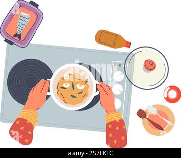 Preparing home made food, isolated woman hands cooking soup with fish and spices. Tasty seafood or delicious recipes. Chef at a restaurant or chores, breakfast or dinner. Vector in flat style. Cooking soup at home on kitchen stove, vector Stock Vector