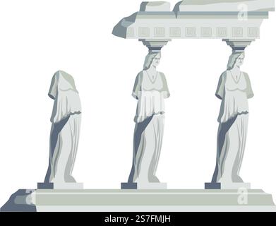 Historical sights and ruins of Ancient Greece or Rome buildings and constructions. Isolated parts of construction of Greek and Roman places. Columns with ornaments and design. Vector in flat style. Ancient ruins and architecture, historical sight Stock Vector