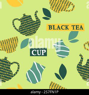 Drinking hot beverage, black tea leaf and pots with cups. Aromatic and tasty drink. Menu of restaurant or cafe, offering assortment. Seamless pattern or print, background. Vector in flat style. Black tea, pots and cups for hot beverage print Stock Vector