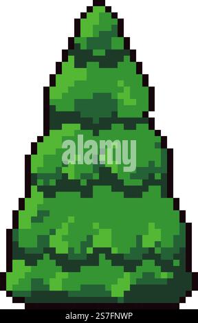 Pine tree with evergreen foliage, play setting or scene of forest or woods. Branches and twigs of plant, wild flora. Pixelated isolated icon for 8 bit game, retro design. Vector in flat style. Pixel pine tree with branches and twigs vector Stock Vector