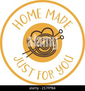 Knitwear and knitted clothes and accessories, home made products for selling. Clothing and apparel outfits, fashion. Promo banner or label, emblem or logotype for package. Vector in flat style. Home made just for you, handcrafted knitwear label Stock Vector