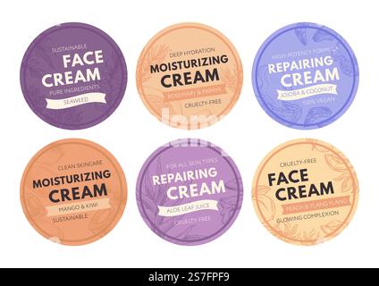 Face cream package set with hand drawn elements. Colorful round product sticker for skincare product, vector illustration. Moisturizing cosmetic label collection with natural ingredients. Face cream package set with hand drawn elements Stock Vector
