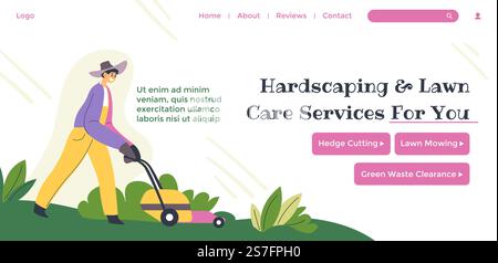 Lawn care services for your, hardscaping and gardening assistance and help. Gardener with lawn mower wearing uniform. Website page, internet landing site template. Vector in flat style illustration. Hardscaping and lawn care services for you website Stock Vector