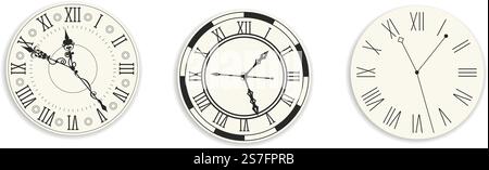 Vintage clocks and watches, faces with roman numbers, hands with curves and ornament. Antiquity decoration for home interior. Old letters and minimalist design, variety. Vector in flat style. Antique or vintage clocks and watches faces design Stock Vector