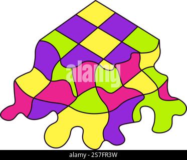 Melted Rubiks cube, isolated doodle, or abstract drawing with colorful squares. Liquid painting or caricature, vintage or grungy decoration or ornament, artwork design. A vector in flat style. Doodle abstract Rubiks cube melted, drawing vector Stock Vector