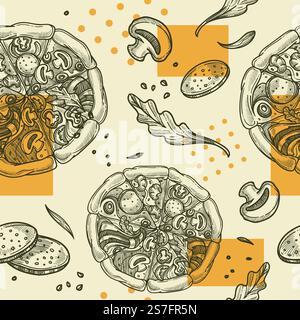 Tasty pizza in pizzeria or bakery, delicious dough with vegetables and meat, salami or bacon. Monochrome sketch outline, seamless pattern background, print or wallpaper. Vector in flat style. Pizzeria with tasty pizza slices, vegetables print Stock Vector