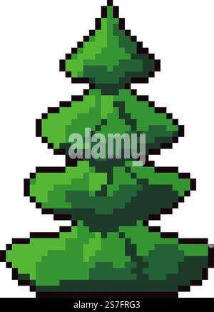 Pixel pine tree with foliage and branches. Play scenes of nature, flora, and plants for gaming process decoration. Pixelated isolated icon for 8 bit game, retro design. Vector in flat styles. Pine tree for game design and nature scenes vector Stock Vector