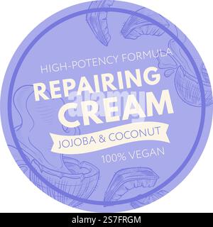 Repairing cream with jojoba and coconut oil, high potency formula with vegan ingredients and content. Cosmetics and lotions for skin. Label or logotype, emblem for package. Vector in flat style. High potency formula, repairing cream with jojoba Stock Vector