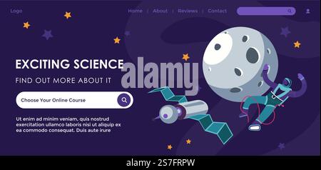 Find out more about exciting science with online resources. Choose course and start obtaining knowledge or degree in university. Website page, internet landing site template. Vector in flat style. Exciting science, find out more about it website Stock Vector