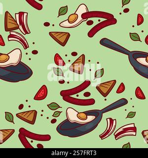 Fried egg and sausages for breakfast, English tradition. Veggies and meat, basil and tomato slices on pan. Seamless pattern, wallpaper, or background print. Vector in flat style illustration. Cooking breakfast, fried egg and sausages print Stock Vector