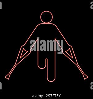 Neon man with broken leg crutch cane gypsum foot stick using sticks person crutches trauma concept red color vector illustration image flat style light. Neon man with broken leg crutch cane gypsum foot stick using sticks person crutches trauma concept red color vector illustration image flat style Stock Vector