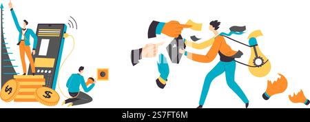 Employees using instruments and tools to boost financial income of a company. Growing business and developing organization. Marketing strategies and innovative solutions. Vector in flat style. Marketing and business ideas, company growing Stock Vector