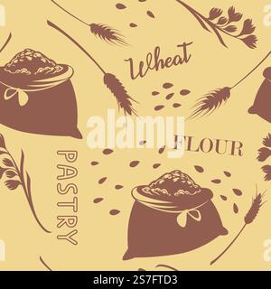Pastry products and premium wheat flour. Tasty meal and food ingredients. Spikelets and seeds for confectionery and cooking. Seamless pattern, print or background. Vector in flat style illustration. Wheat flour and pastry products, seamless pattern Stock Vector