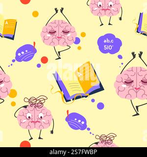 Active and mindful brain character meditating and solving problems. Cognitive functioning and education, learning and studying. Seamless pattern, wallpaper or background print. Vector in flat style. Mindfulness and activity of brain, seamless print Stock Vector