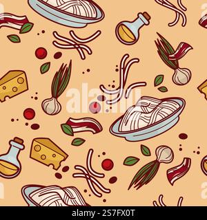 Italian pasta with spices and veggies, tasty meal dish with healthy ingredients. Spaghetti and bacon, olive oil and garlic, cheese and basil. Seamless pattern, wallpaper or print. Vector in flat. Cooking Italian pasta with spices and veggies Stock Vector