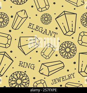 Jewelry ring, elegant gemstones and precious stones, jewels for bijouterie and decoration. Monochrome design of brilliants. Seamless pattern print or background wallpaper. Vector in flat style. Elegant jewelry ring, seamless pattern background Stock Vector
