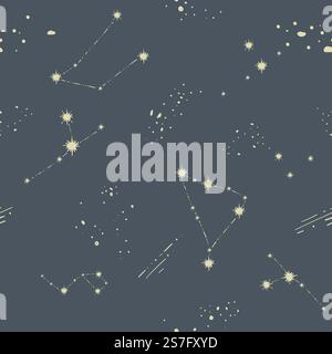 Night starry sky with constellations, glowing light of stars connected with lines. Astronomy and observing shining forms. Seamless pattern print or background wallpaper. Vector in flat style. Glowing night starry sky with constellations print Stock Vector