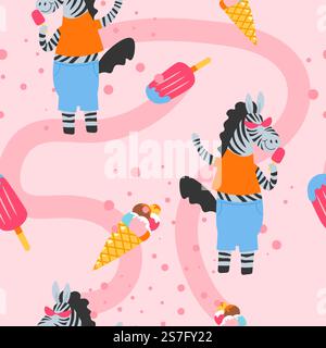 Zebra with ice cream dessert, cute cartoon character wearing top and jeans. Stylish personage with sweets, summer season. Seamless pattern, wallpaper or background print. Vector in flat style. Vibrant zebra with ice cream dessert, vectors Stock Vector