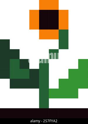 Pixel flower in blossom, blooming plant with stem and foliage, petals and flourishing. Nature environment creating. Pixelated isolated icon for 8 bit video game, retro design. Vector in flat style. Flourishing flower with foliage, pixel game art Stock Vector