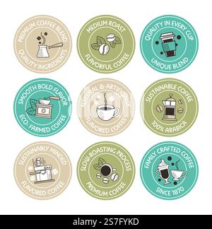 Sticker set for coffee ingredient package design. Line element at round label collection for beverage product, vector illustration. Blend quality sign at colorful template tag. Sticker set for coffee ingredient package design Stock Vector
