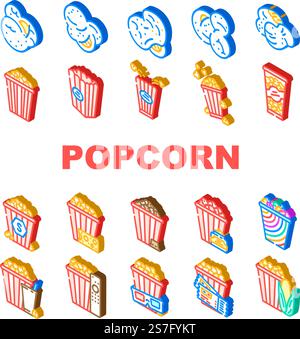 popcorn food snack cinema icons set vector. movie corn, pop bucket, entertainment box, delicious, tasty film, red white striped popcorn food snack cinema isometric sign illustrations. popcorn food snack cinema icons set vector Stock Vector
