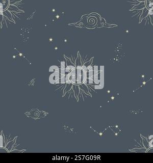 Sun, moon and clouds on vintage starry sky design. Constellations connected with lines. Glowing stars texture. Seamless pattern print or background wallpaper. Vector in flat style illustration. Vintage starry sky design, sun, moon and clouds Stock Vector