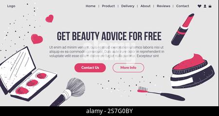 Beauty product advice for free, store or shop with professional cosmetics and makeup, mascara and foundation, lipstick. Website landing page template, internet page design. Vector in flat style. Get beauty product advice for free, website page Stock Vector