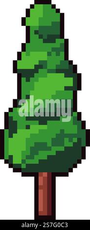 Pine tree with green leaves and branches, setting for play. Forest or wood decoration, plants and flora. Nature and wildlife. Pixelated isolated icon for 8 bit game, retro design. Vector in flat style. Tree with green leaves and branches, forest plant Stock Vector