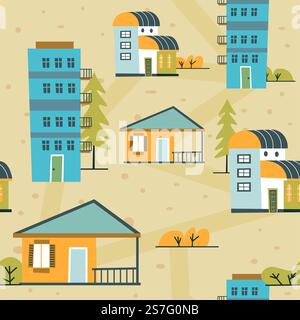 Rustic houses and apartments, homes in town or cities. Eco architecture and lifestyle, multi storey construction. Background or wallpaper print, seamless pattern. Vector in flat style illustration. Town apartments and houses, rustic lifestyles Stock Vector