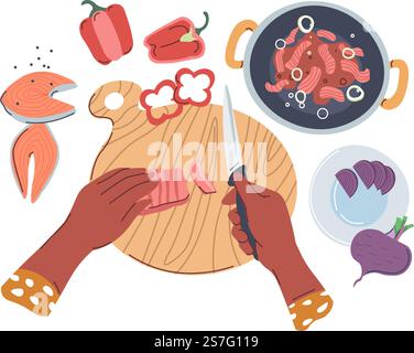 Cooking seafood, isolated hands cutting vegetables and salmon. Frying bell peppers and fish, beetroot and veggies. Home preparing dishes for breakfast or dinner. Vector in flat style illustration. Preparing food, cutting vegetables and salmon Stock Vector