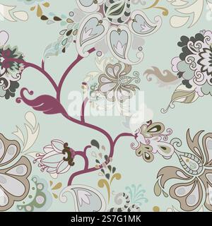 Blooming flowers and flora, spring and summer botany decoration. Twigs with buds and foliage, leafage and leaves on branches. Seamless pattern, wallpaper or background print. Vector in flat style. Spring or summer foliage and flowers blossoms Stock Vector