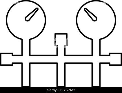 Pressure gauge and pipes manometer pressure meter or vacuum gauge contour outline line icon black color vector illustration image thin flat style simple. Pressure gauge and pipes manometer meter vacuum heating gas water oil pump measure device system contour outline line icon black color vector illustration image thin flat style Stock Vector