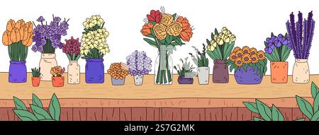 Colorful flower arrangements on wooden table various blooms in vases and pots vibrant floral scene with leaves decorative design Stock Vector