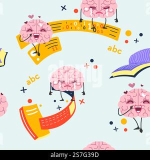 Crying brain, mind character in love. Thinking and solving problems, studying and educating. Cognitive functioning and learning. Seamless pattern, wallpaper or background print. Vector in flat style. Brain character crying and lovable personages Stock Vector