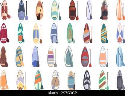 Paddle board icons set cartoon vector. Sup water. People activity. Paddle board icons set cartoon vector. Sup water Stock Vector