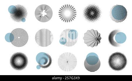 Dot pattern. Abstract logo design, line geometry shape or circular graphic elements. Round gradient texture. Halftone monochrome dotted geometric desi Stock Vector