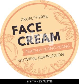 Face cream with peach and ylang ylang components. Cruelty free products with pure ingredients, glowing complexion and health care treatment. Label or logotype, emblem for package. Vector in flat style. Cruelty free face cream, peach and ylang ylang Stock Vector