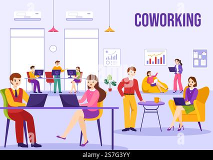 Coworking Business Vector Illustration with Colleagues Talking, Meeting and Working at the Office in Flat Cartoon Hand Drawn Landing Page Templates Stock Vector