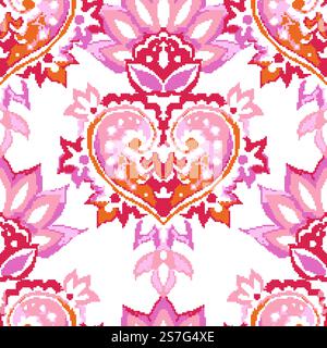 Pixel floral decoration, blooming and flourishing plan with leaves and petals. Adornment and ornament florist composition. Seamless pattern, wallpaper or background print. Vector in flat style. Pixelated flower ornament with leaves, seamless Stock Vector