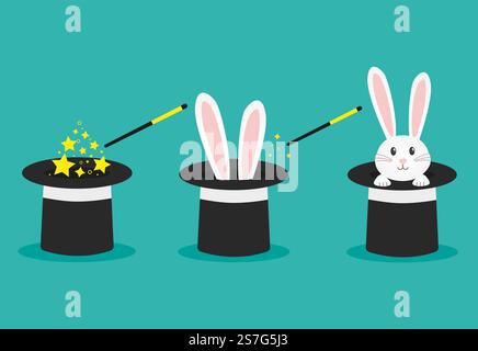 Magician&rsquo;s black hat, magic hat with bunny ears. Vector flat illustration in cartoon style. Stock Vector