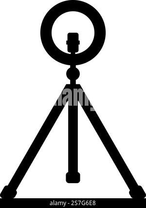 Led ring lamp on tripod with smartphone for phone studio photo light podcast concept equipment for streaming video icon black color vector illustration image flat style simple. Led ring lamp on tripod with smartphone for phone studio photo light podcast concept equipment for streaming video icon black color vector illustration image flat style Stock Vector