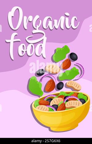 Healthy salad. Bowl with falling mixed cut vegetables and hand drawn text. Vertical banner or poster design. Menu cover. Organic fresh food. Cooking i Stock Vector