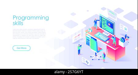 Modern flat design isometric concept of Programming Skills for banner and website. Isometric landing page template. Developer of project team of engineers for website coding. Vector illustration. Stock Vector