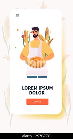 Baker holding bread surrounded by wheat plants colorful mobile app design Stock Vector